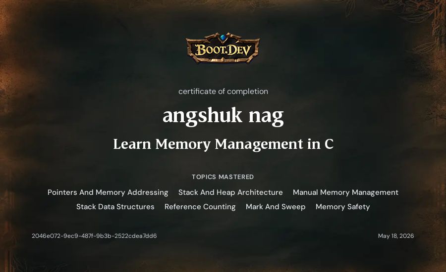 angshuk nag's Boot.dev Learn Memory Management in C certificate