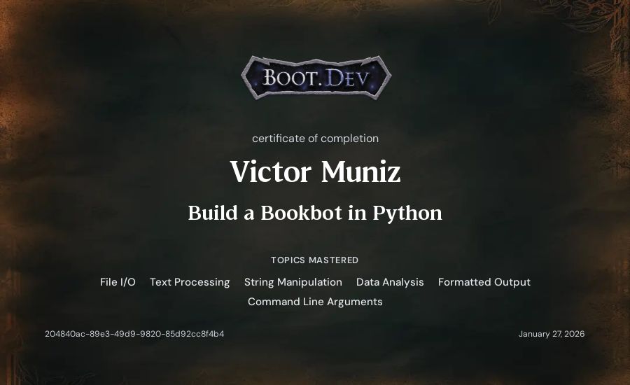 Victor Muniz's Boot.dev Build a BookBot in Python certificate