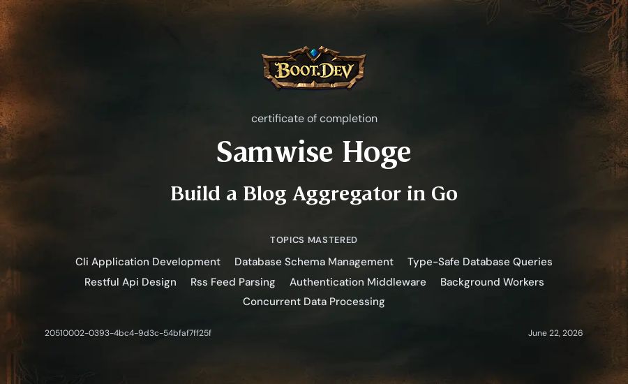 Samwise Hoge's Boot.dev Build a Blog Aggregator in Go certificate