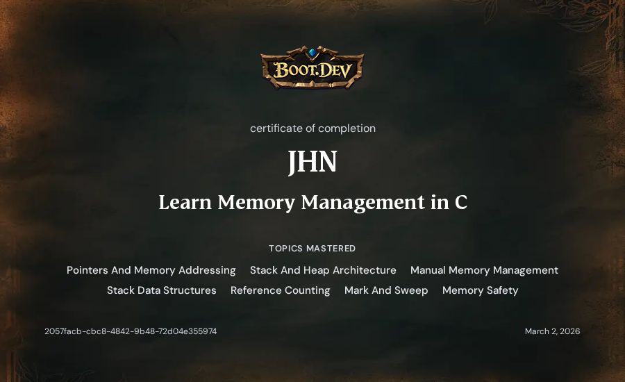 JHN's Boot.dev Learn Memory Management in C certificate