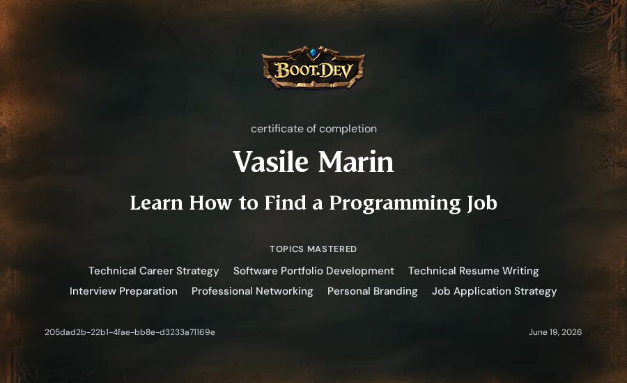 Vasile Marin's Boot.dev Learn How to Find a Programming Job certificate