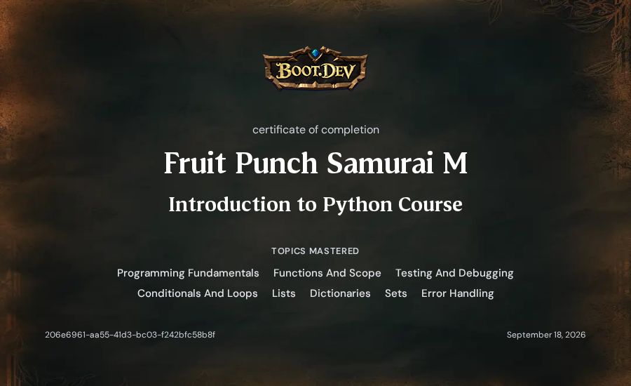 Fruit Punch Samurai M's Boot.dev Introduction to Python Course certificate