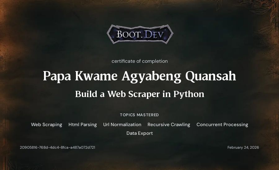 Papa Kwame Agyabeng Quansah's Boot.dev Build a Web Scraper in Python certificate