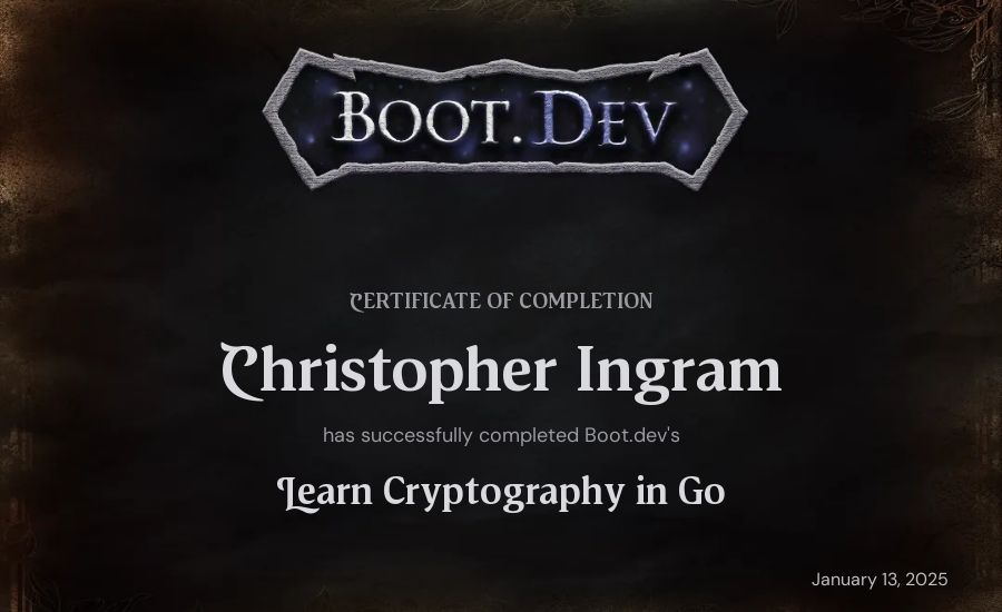 Christopher Ingram's Boot.dev Learn Cryptography in Go certificate
