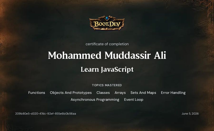 Mohammed Muddassir Ali's Boot.dev Learn JavaScript certificate