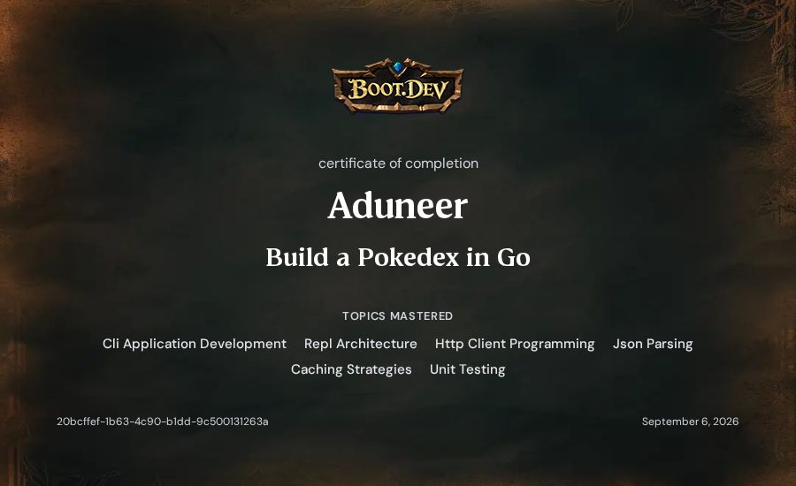 Aduneer's Boot.dev Build a Pokedex in Go certificate