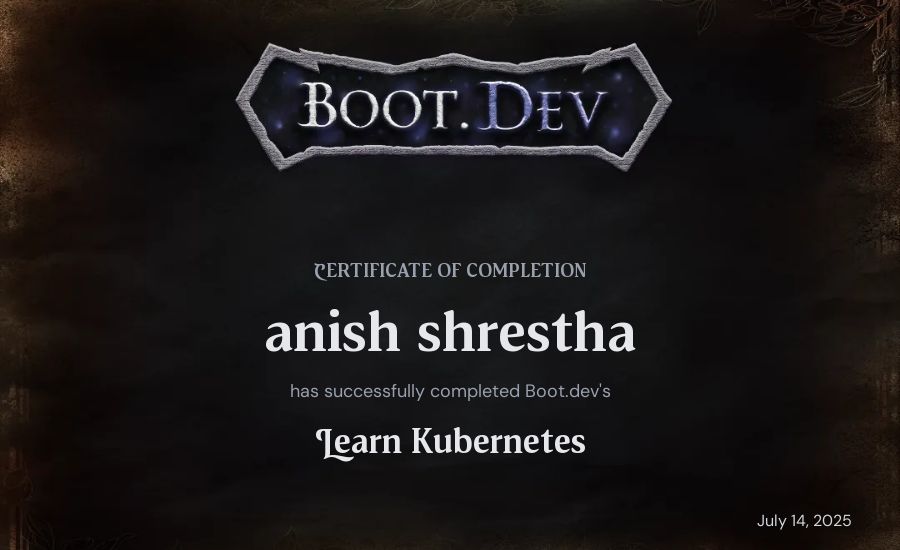 anish shrestha's Boot.dev Learn Kubernetes certificate