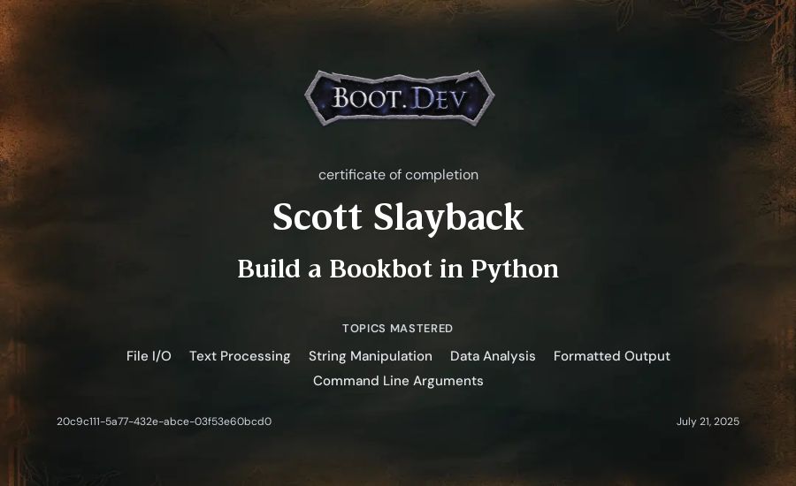 Scott Slayback's Boot.dev Build a BookBot in Python certificate
