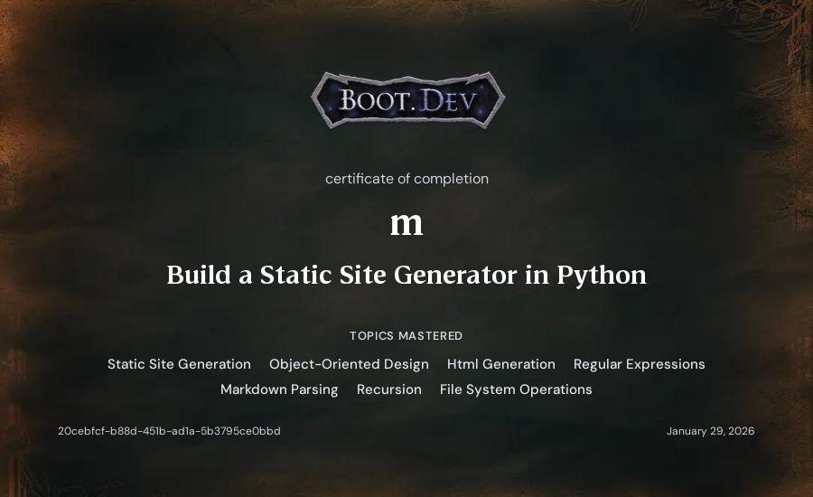 m's Boot.dev Build a Static Site Generator in Python certificate