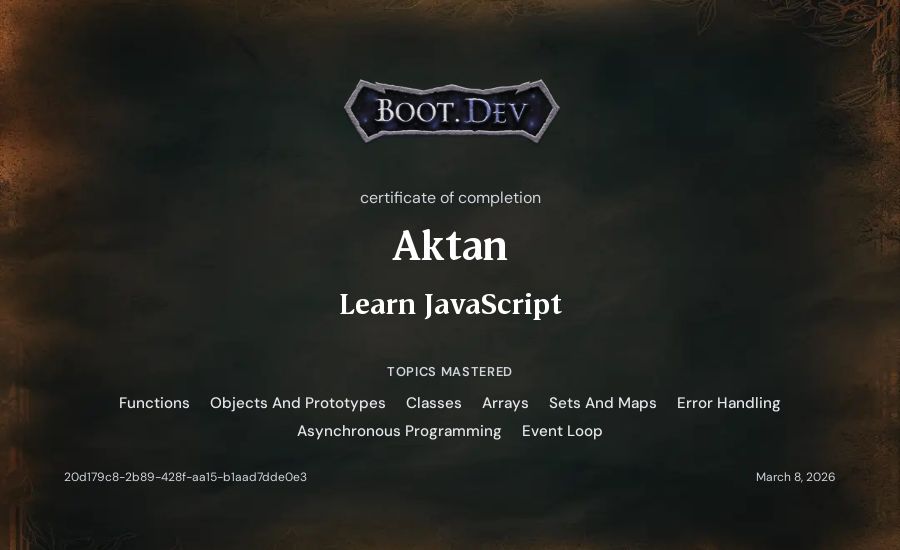 Aktan's Boot.dev Learn JavaScript certificate