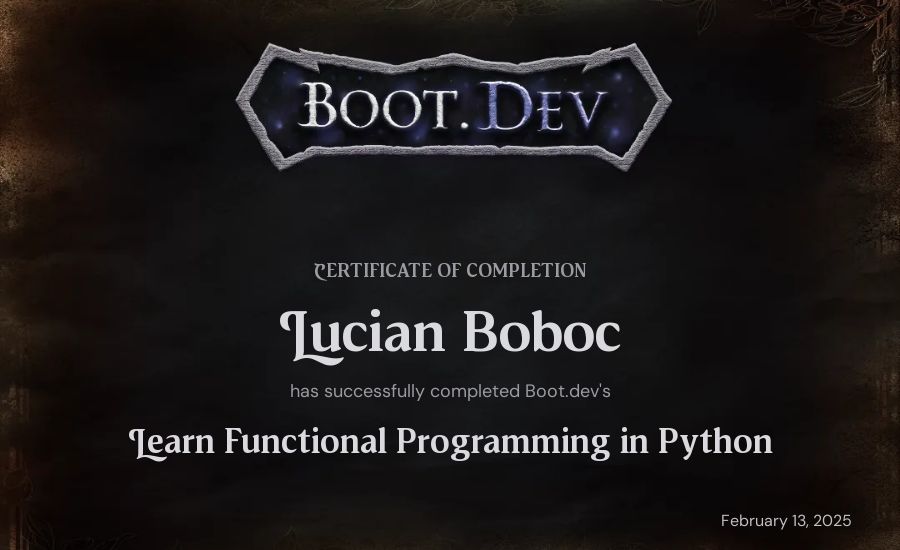 Lucian Boboc's Boot.dev Learn Functional Programming in Python certificate