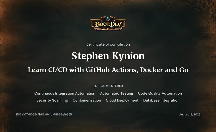 Stephen Kynion's Boot.dev Learn CI/CD with GitHub Actions, Docker and Go certificate