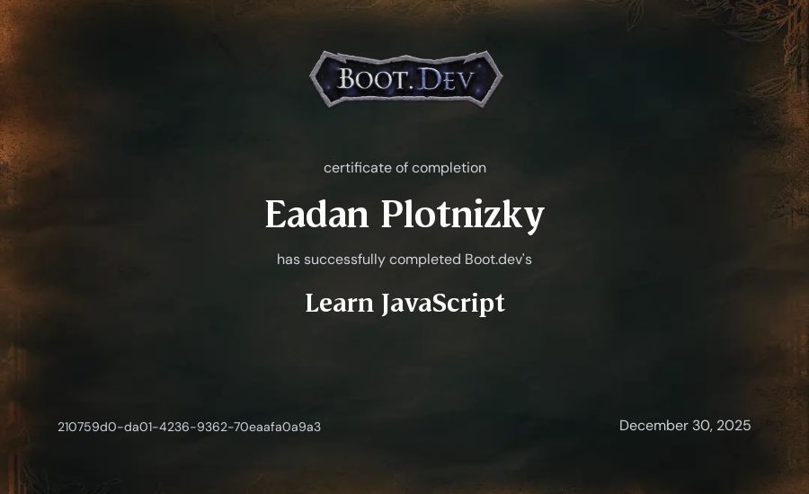 Eadan Plotnizky's Boot.dev Learn JavaScript certificate