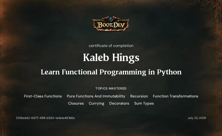 Kaleb Hings's Boot.dev Learn Functional Programming in Python certificate
