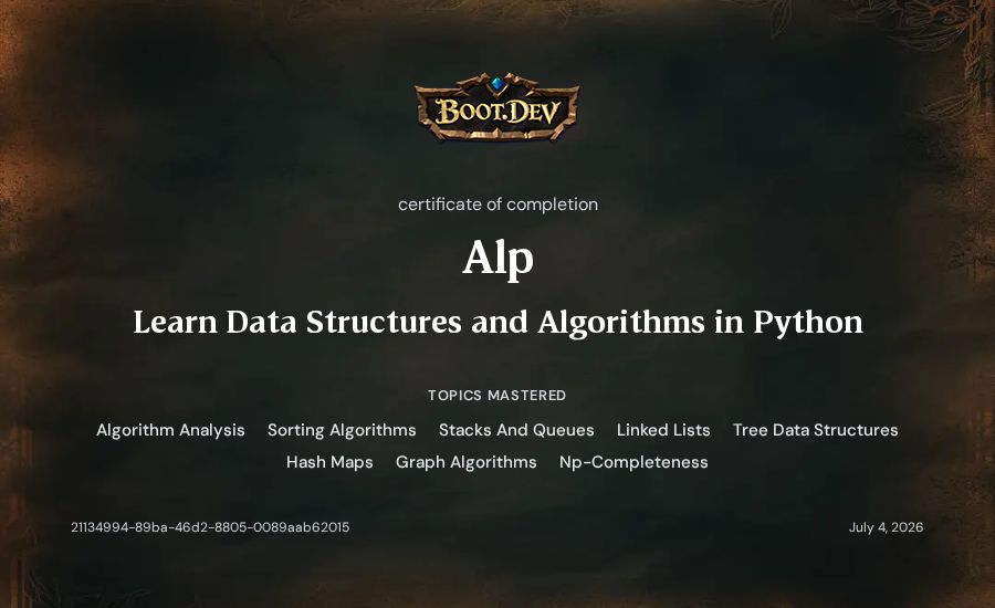 Alp's Boot.dev Learn Data Structures and Algorithms in Python certificate