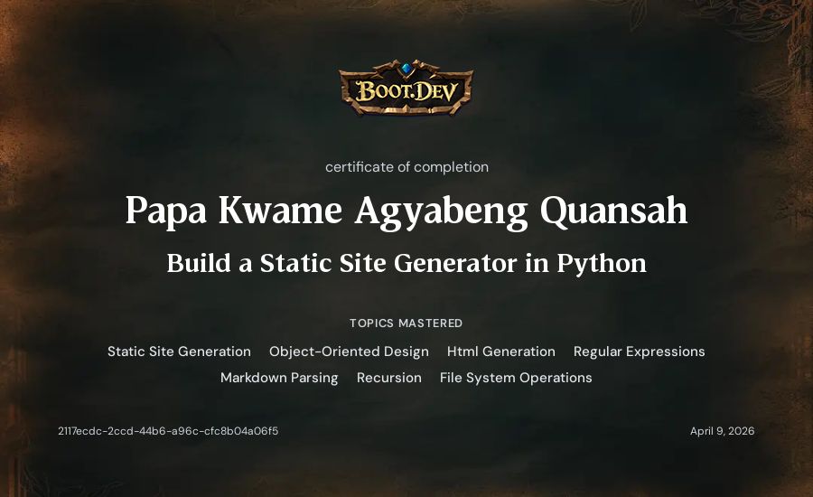 Papa Kwame Agyabeng Quansah's Boot.dev Build a Static Site Generator in Python certificate
