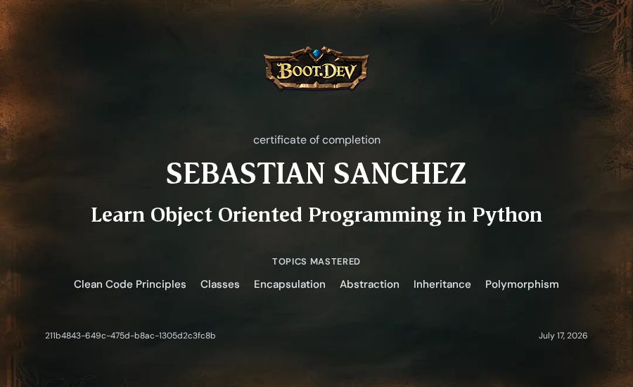 SEBASTIAN SANCHEZ's Boot.dev Learn Object Oriented Programming in Python certificate