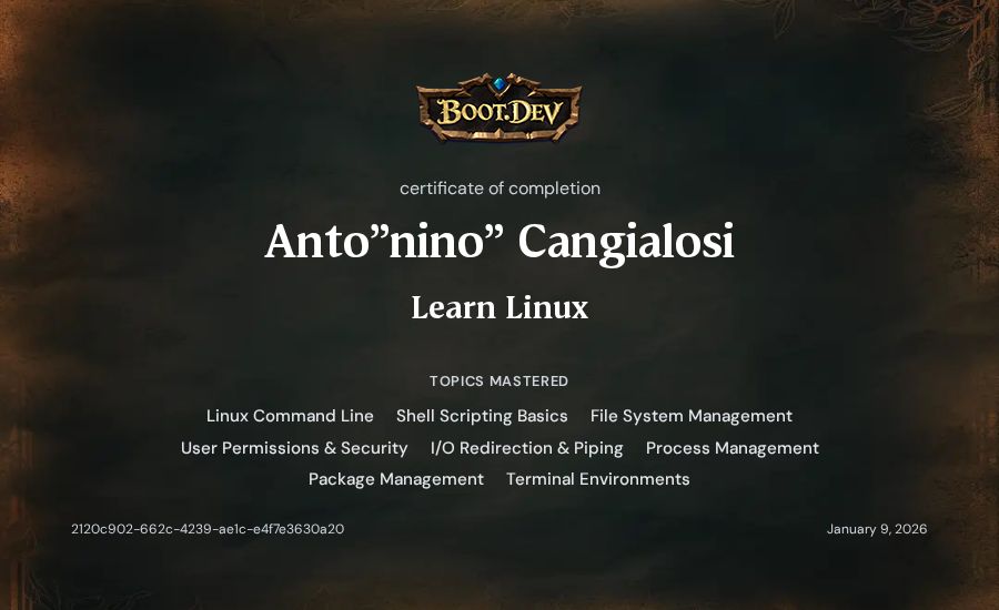 Anto"nino" Cangialosi's Boot.dev Learn Linux certificate