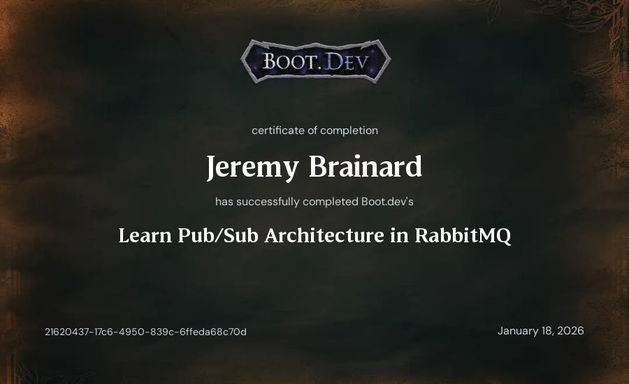 Jeremy Brainard's Boot.dev Learn Pub/Sub in RabbitMQ and Go certificate