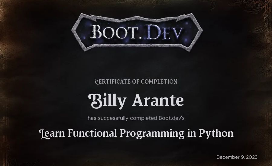 Billy Arante's Boot.dev Learn Functional Programming in Python certificate