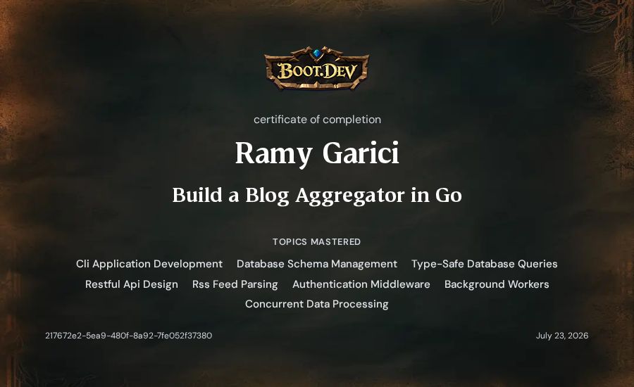 Ramy Garici's Boot.dev Build a Blog Aggregator in Go certificate