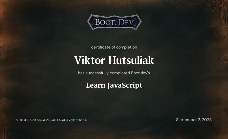 Viktor Hutsuliak's Boot.dev Learn JavaScript certificate