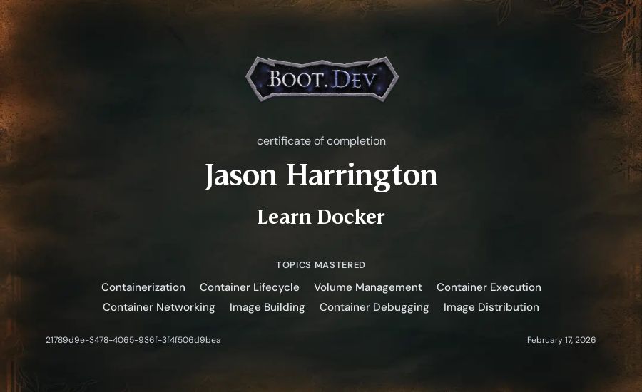 Jason Harrington's Boot.dev Learn Docker certificate