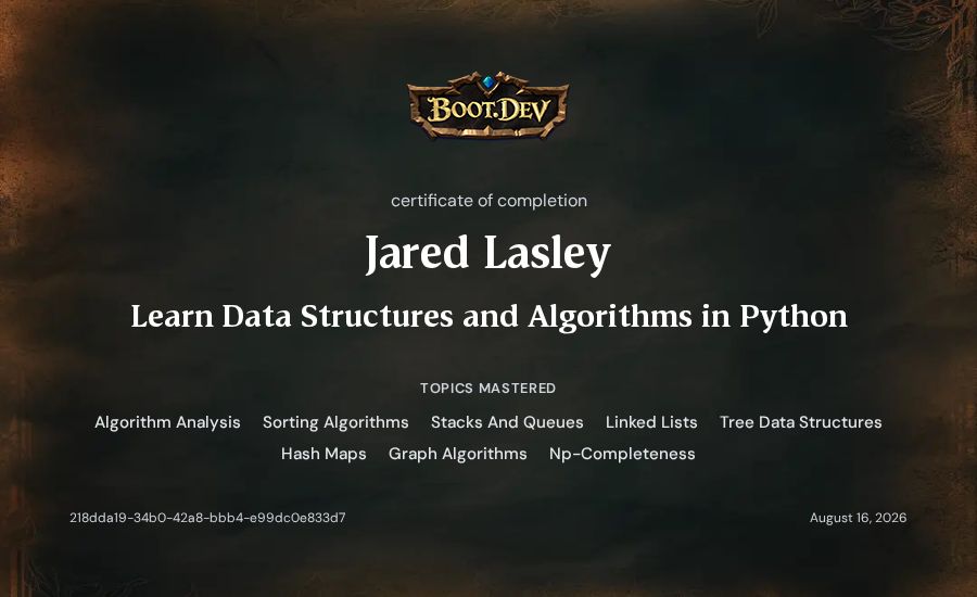 Jared Lasley's Boot.dev Learn Data Structures and Algorithms in Python certificate