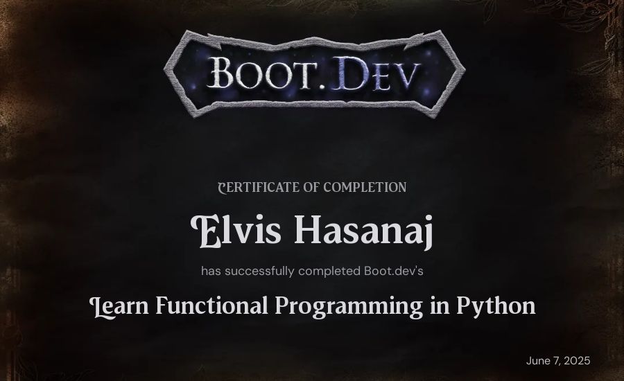 Elvis Hasanaj's Boot.dev Learn Functional Programming in Python certificate