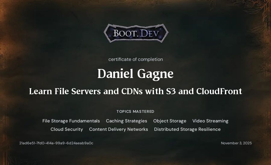 Daniel Gagne's Boot.dev Learn File Servers and CDNs with S3 and CloudFront certificate