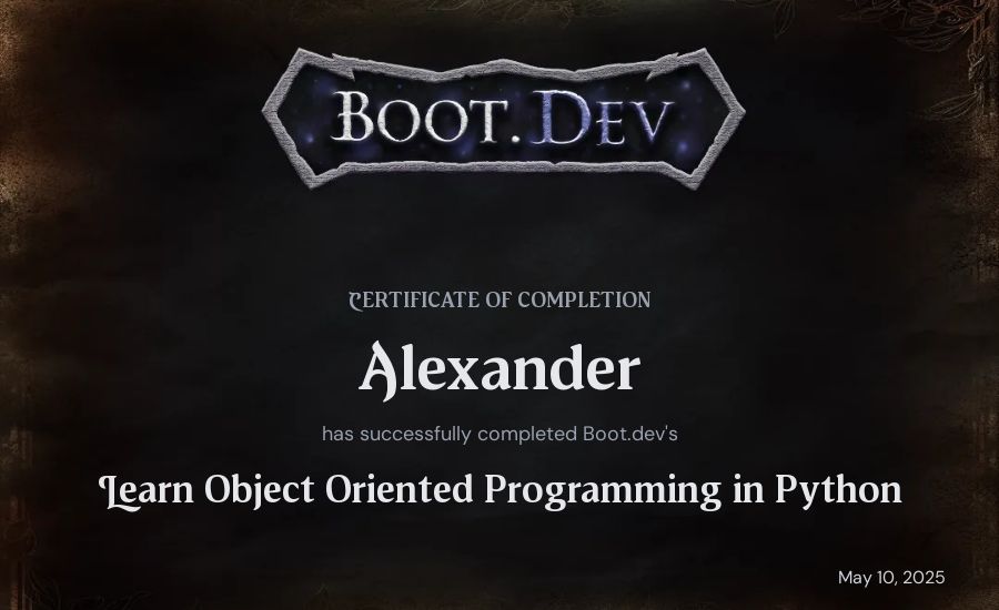 Alexander's Boot.dev Learn Object Oriented Programming in Python certificate