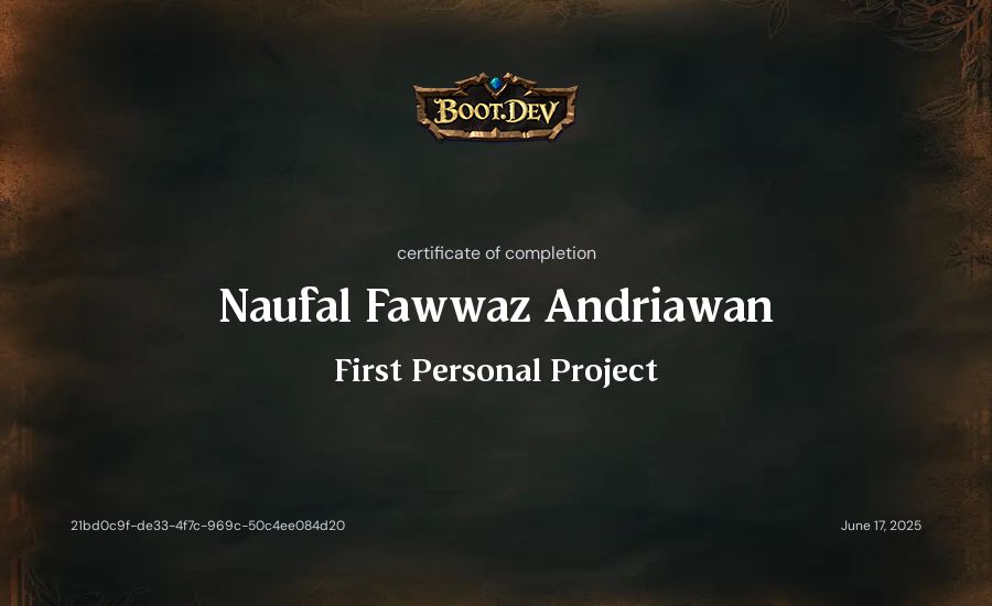 Naufal Fawwaz Andriawan's Boot.dev First Personal Project certificate