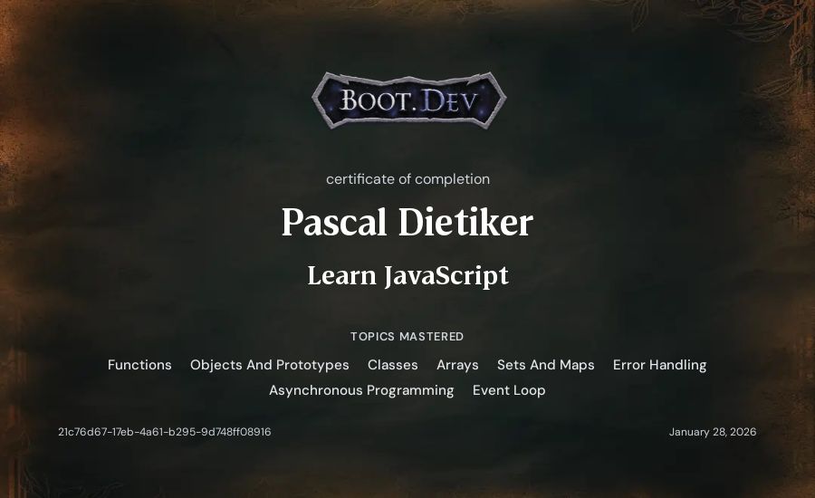 Pascal Dietiker's Boot.dev Learn JavaScript certificate