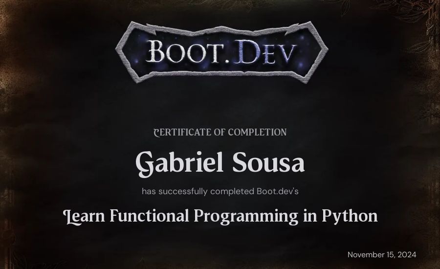 Gabriel Sousa's Boot.dev Learn Functional Programming in Python certificate