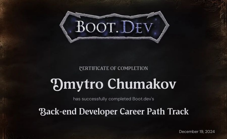 Dmytro Chumakov's Boot.dev Backend Developer Path certificate
