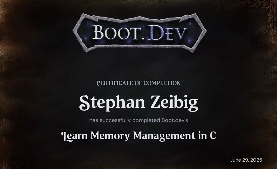 Stephan Zeibig's Boot.dev Learn Memory Management in C certificate