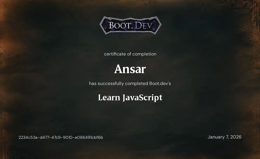 Ansar's Boot.dev Learn JavaScript certificate