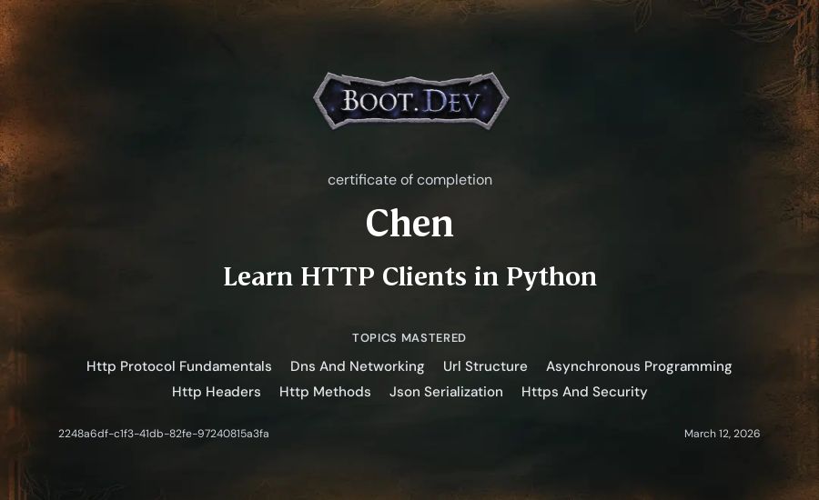 Chen's Boot.dev Learn HTTP Clients in Python certificate