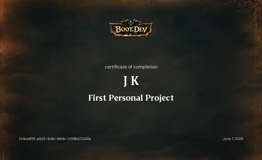 J K's Boot.dev First Personal Project certificate