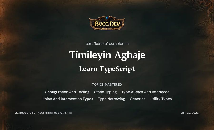 Timileyin Agbaje's Boot.dev Learn TypeScript certificate