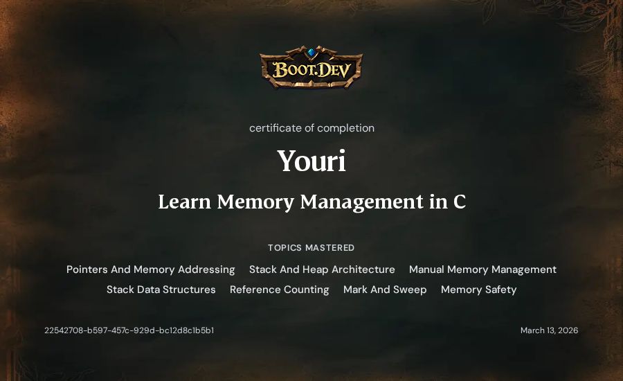 Youri's Boot.dev Learn Memory Management in C certificate
