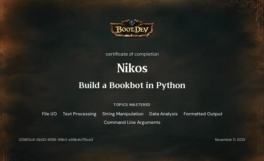 Nikos's Boot.dev Build a BookBot in Python certificate