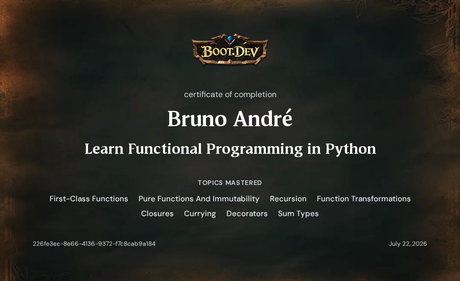Bruno André's Boot.dev Learn Functional Programming in Python certificate