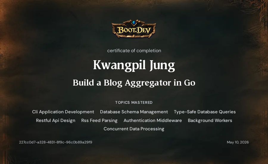 Kwangpil Jung's Boot.dev Build a Blog Aggregator in Go certificate