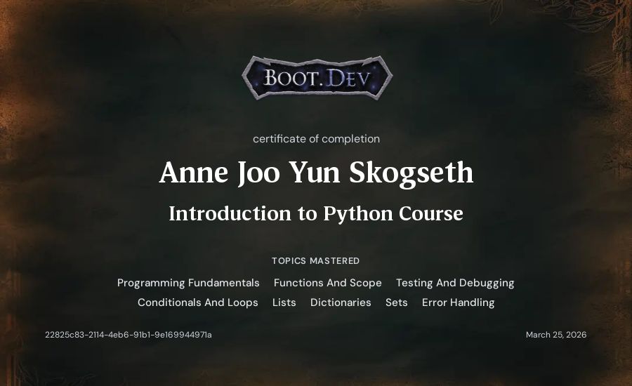 Anne Joo Yun Skogseth's Boot.dev Introduction to Python Course certificate