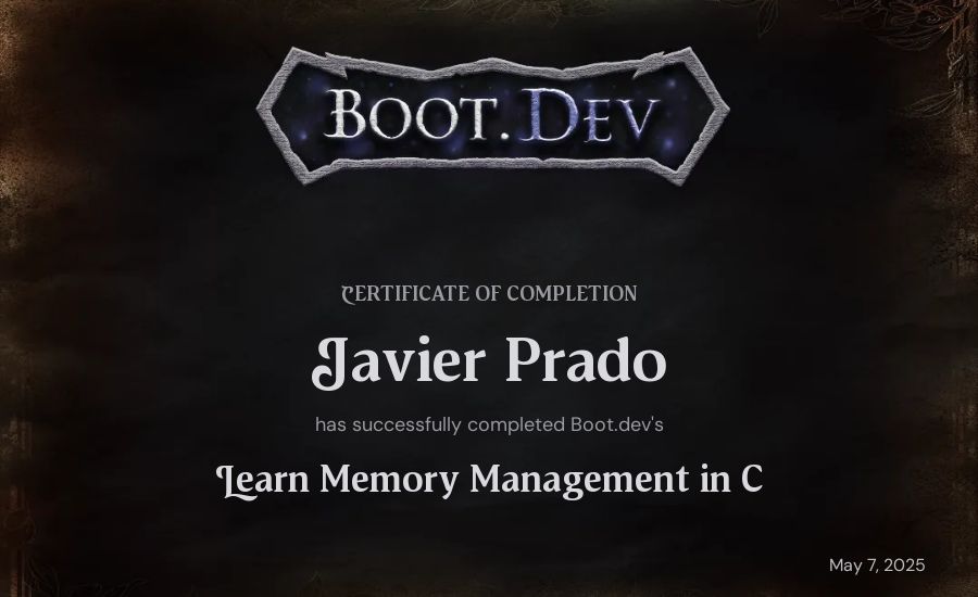 Javier Prado's Boot.dev Learn Memory Management in C certificate