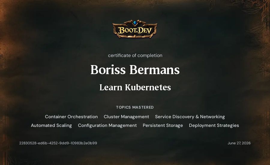 Boriss Bermans's Boot.dev Learn Kubernetes certificate
