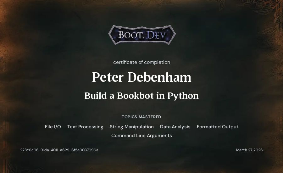 Peter Debenham's Boot.dev Build a BookBot in Python certificate