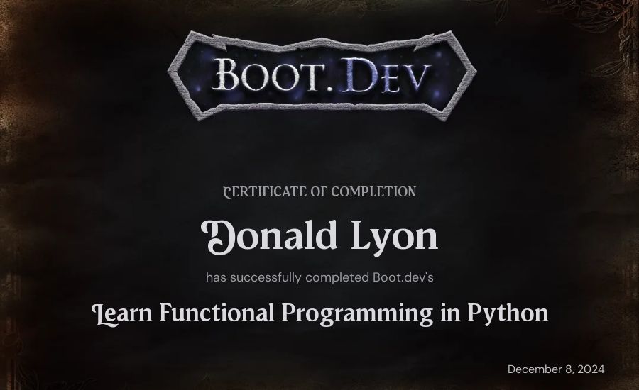 Donald Lyon's Boot.dev Learn Functional Programming in Python certificate