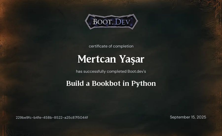 Mertcan Yaşar's Boot.dev Build a BookBot in Python certificate